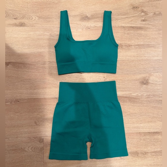 GOQQ Tops - Teal Ribbed bra and bike short Set